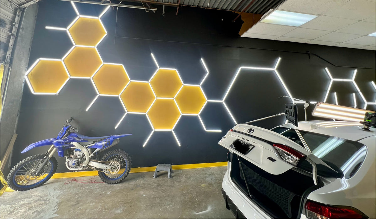 5-panel hexagon LED lighting 8 ft x 8 ft non-dimmable, installed in a garage, SV Luminary hex lighting