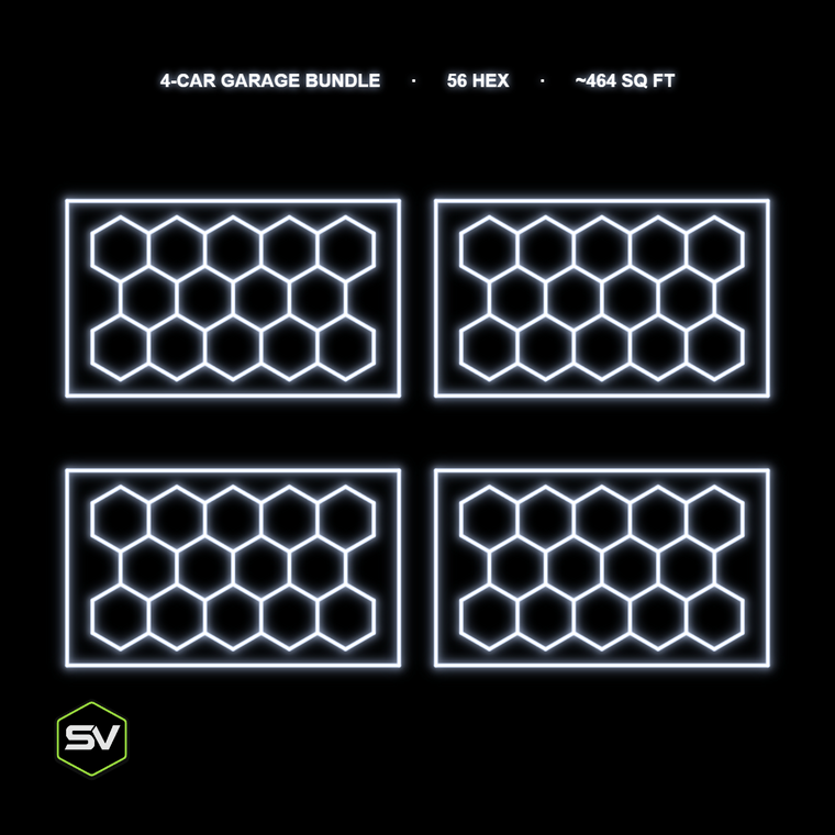 Hexagon LED Garage Lighting Kit - 4-Car Garage Bundle (4x 14-Panel with Border, Non-Dimmable)
