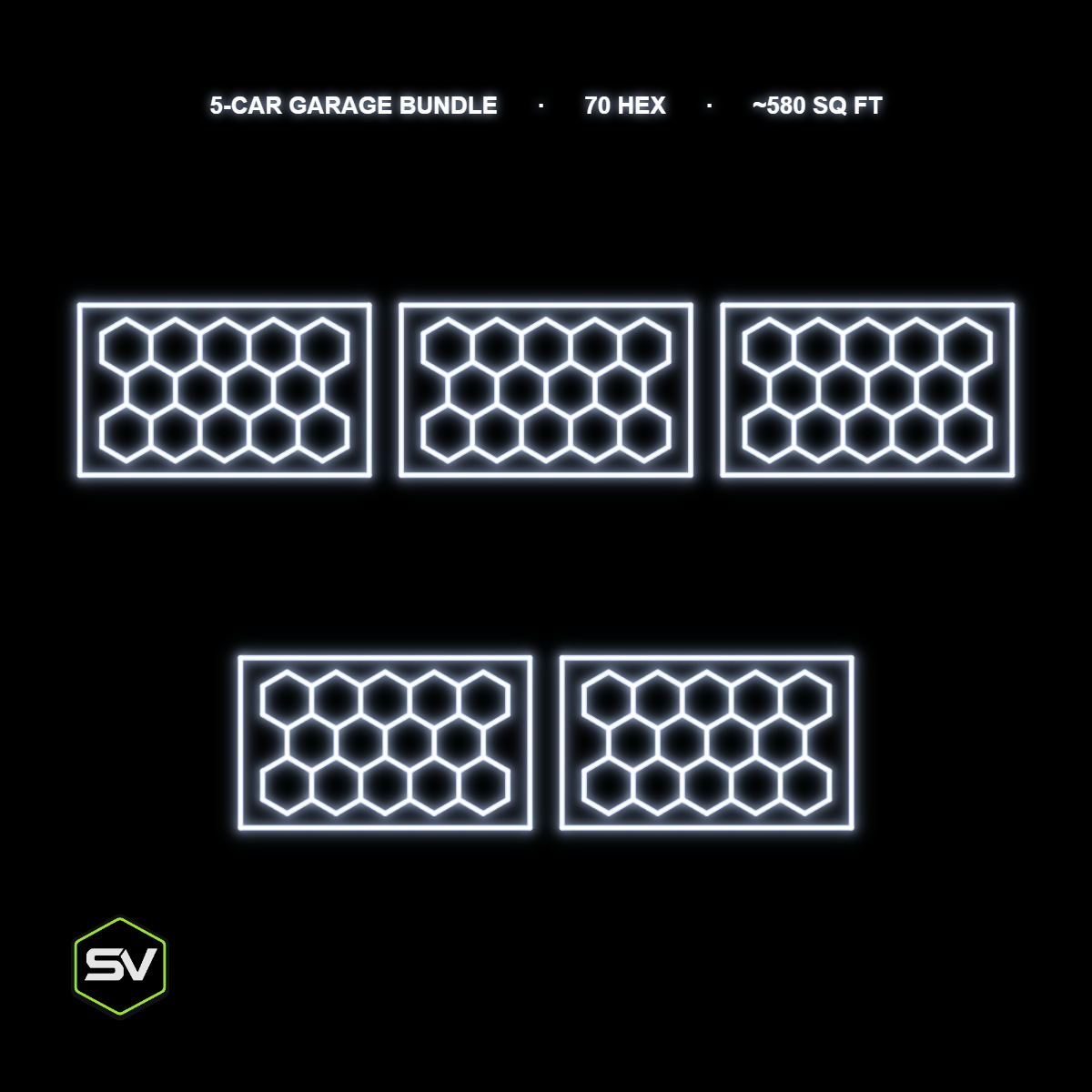Hexagon LED Garage Lighting Kit - 5-Car Garage Bundle (5x 14-Panel with Border, Non-Dimmable)