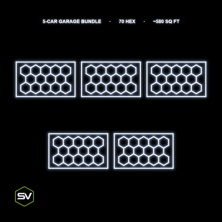 Hexagon LED Garage Lighting Kit - 5-Car Garage Bundle (5x 14-Panel with Border, Non-Dimmable)