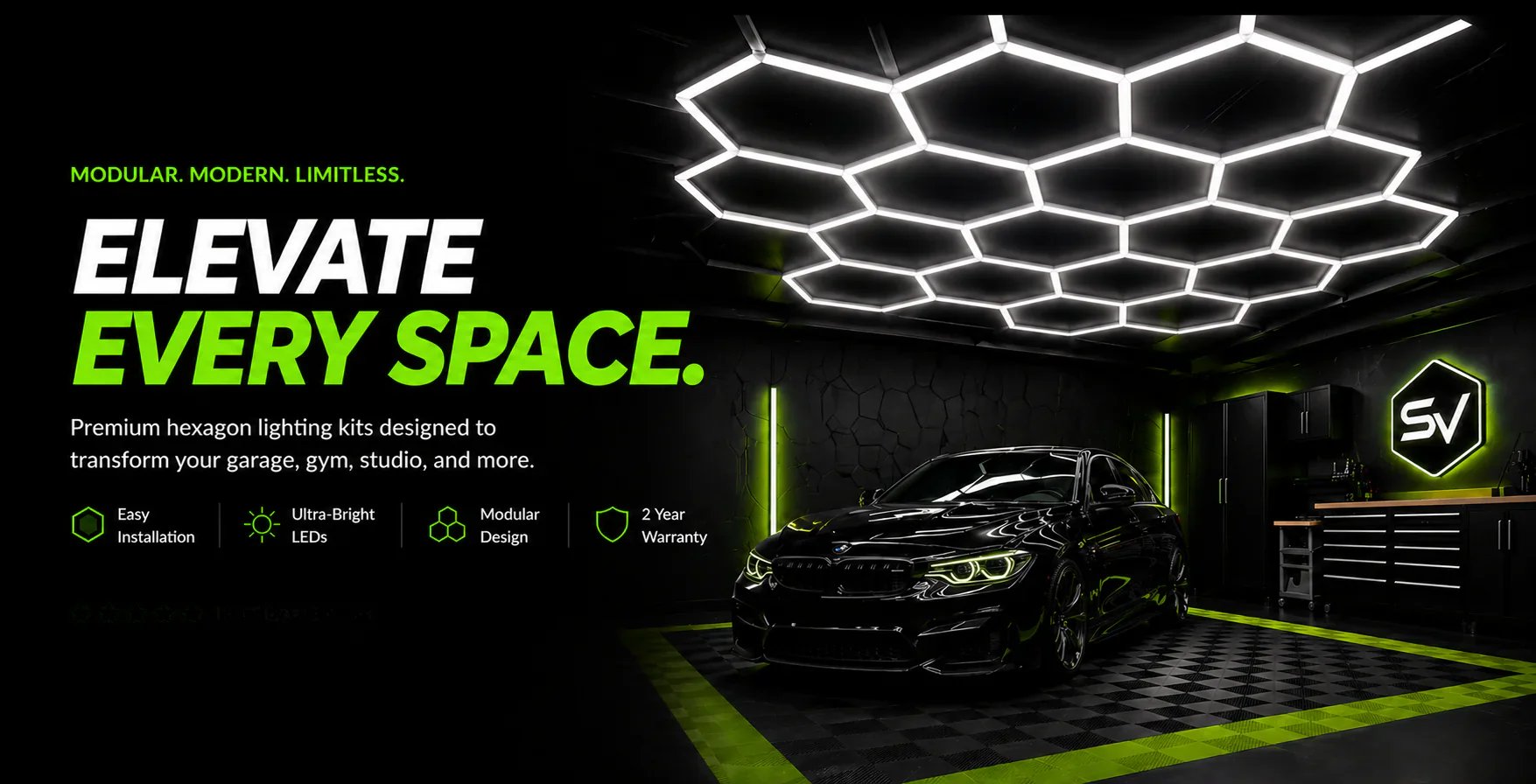 LED hexagon ceiling lights illuminating a black sports car in a dark garage - SV Luminary hexagon lighting kit