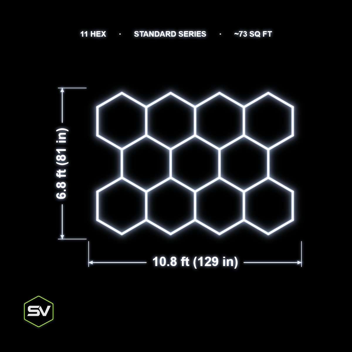 11-panel hexagon LED garage lighting kit, white honeycomb glow on black, SV Luminary