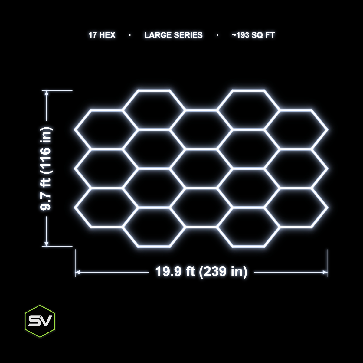 Large Hexagon LED Garage Lighting Kit - 17 Panel (22.5in Tubes, Made to Order)