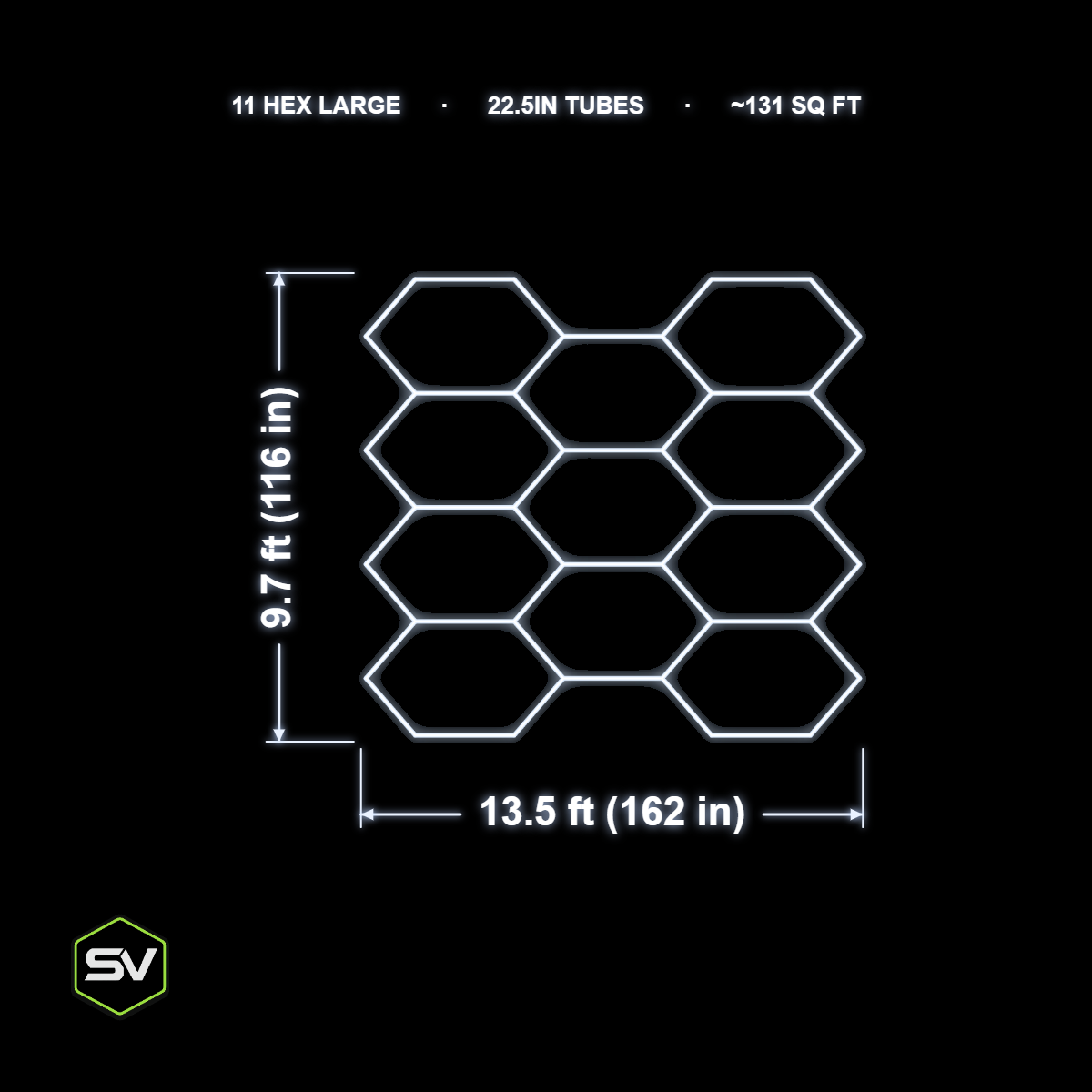 Large Hexagon LED Garage Lighting Kit - 11 Panel (22.5in Tubes, Made to Order)