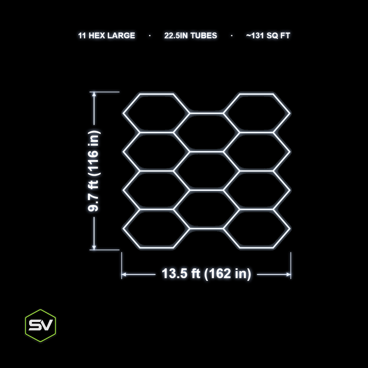 Large Hexagon LED Garage Lighting Kit - 11 Panel (22.5in Tubes, Made to Order)