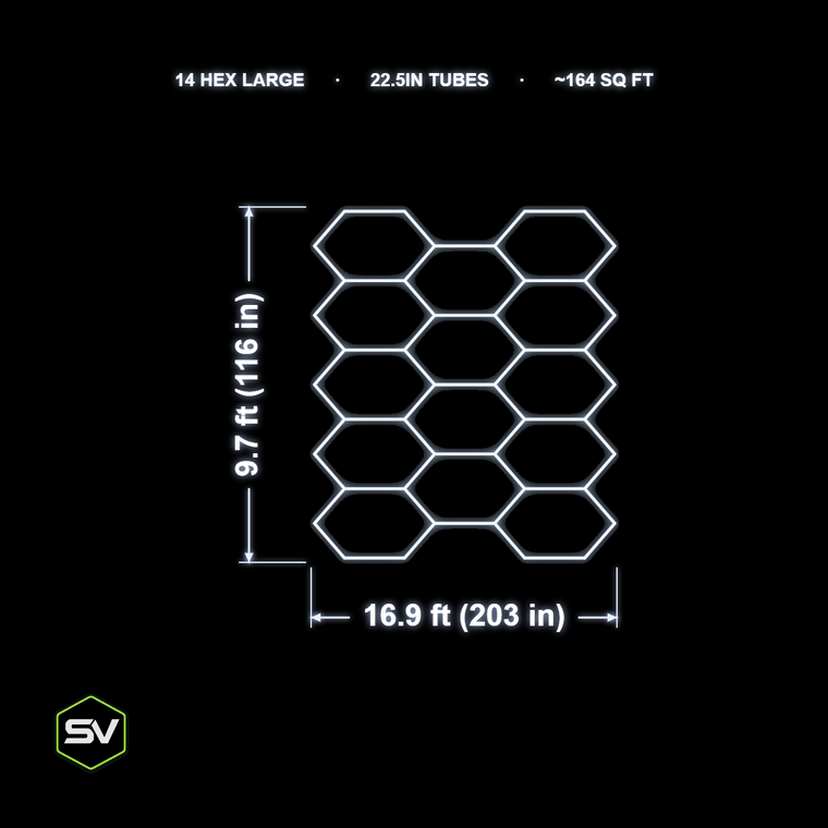 Large Hexagon LED Garage Lighting Kit - 14 Panel (22.5in Tubes, Made to Order)