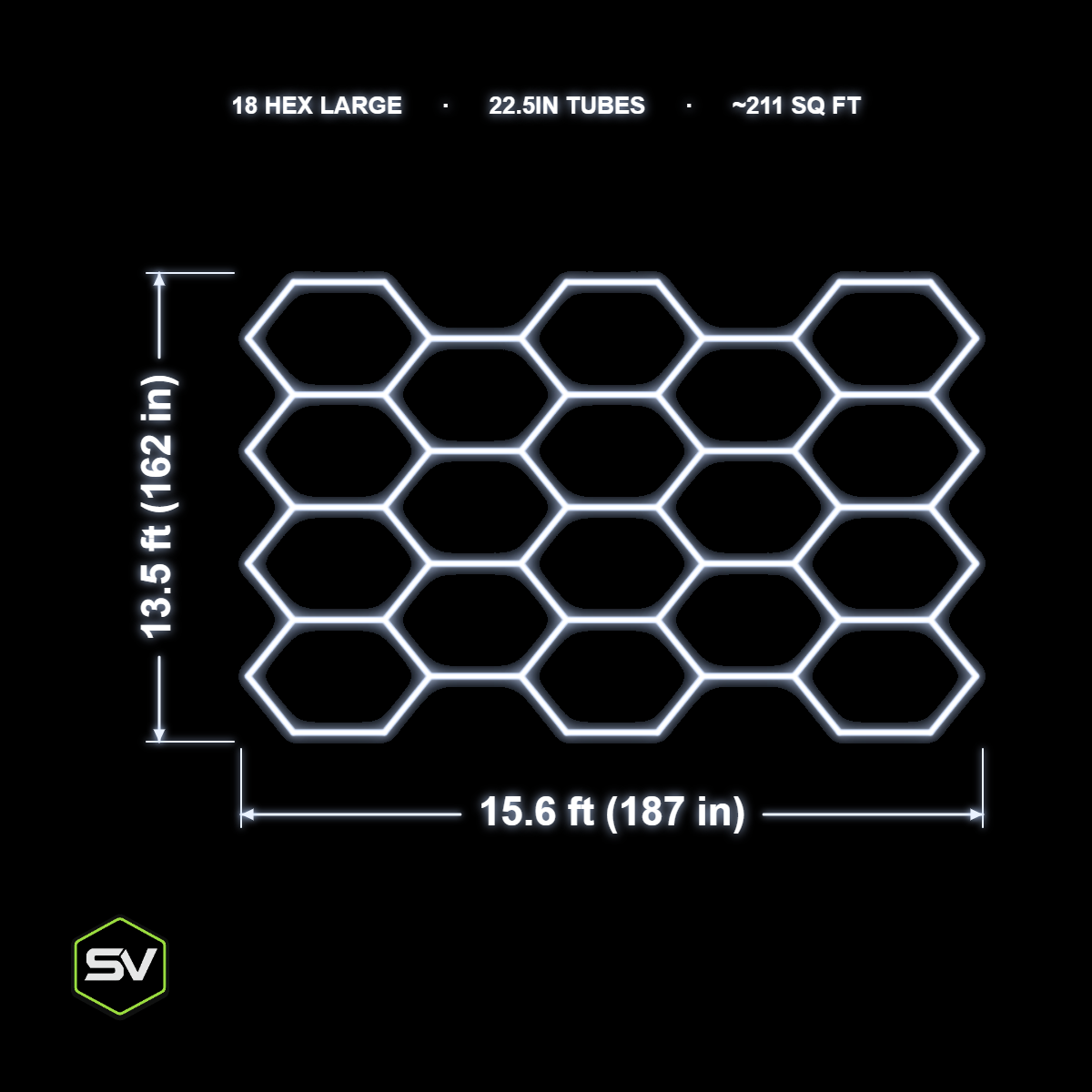 Large Hexagon LED Garage Lighting Kit - 18 Panel (22.5in Tubes, Made to Order)
