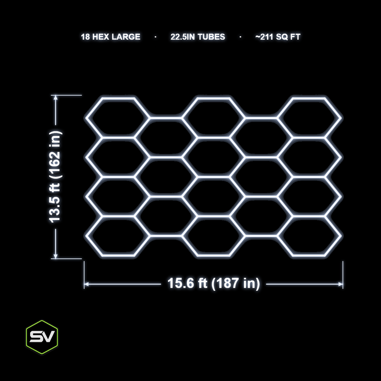 Large Hexagon LED Garage Lighting Kit - 18 Panel (22.5in Tubes, Made to Order)