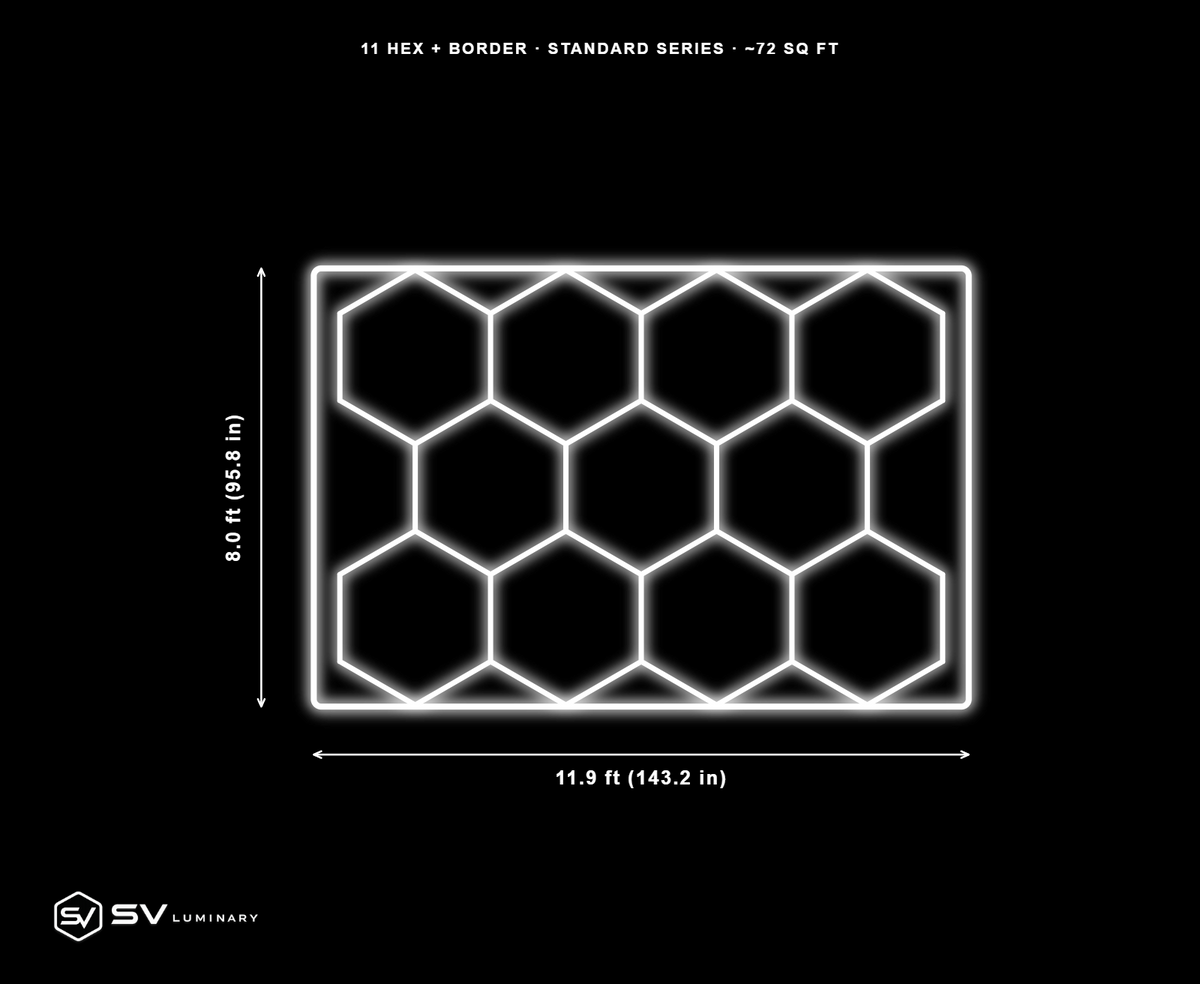 11 Panel hexagon LED kit with border, 11.9 ft by 8.0 ft, 46 hex tubes and 10 border rails