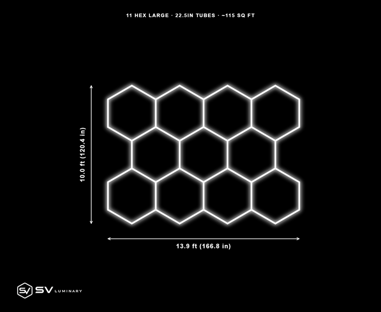 11 Panel Large hexagon LED kit, 22.5 in tubes, 13.9 ft by 10.0 ft, 46 tubes