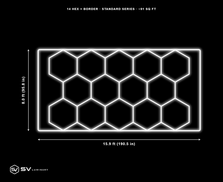 14 Panel hexagon LED kit with border, 15.9 ft by 8.0 ft, 57 hex tubes and 12 border rails