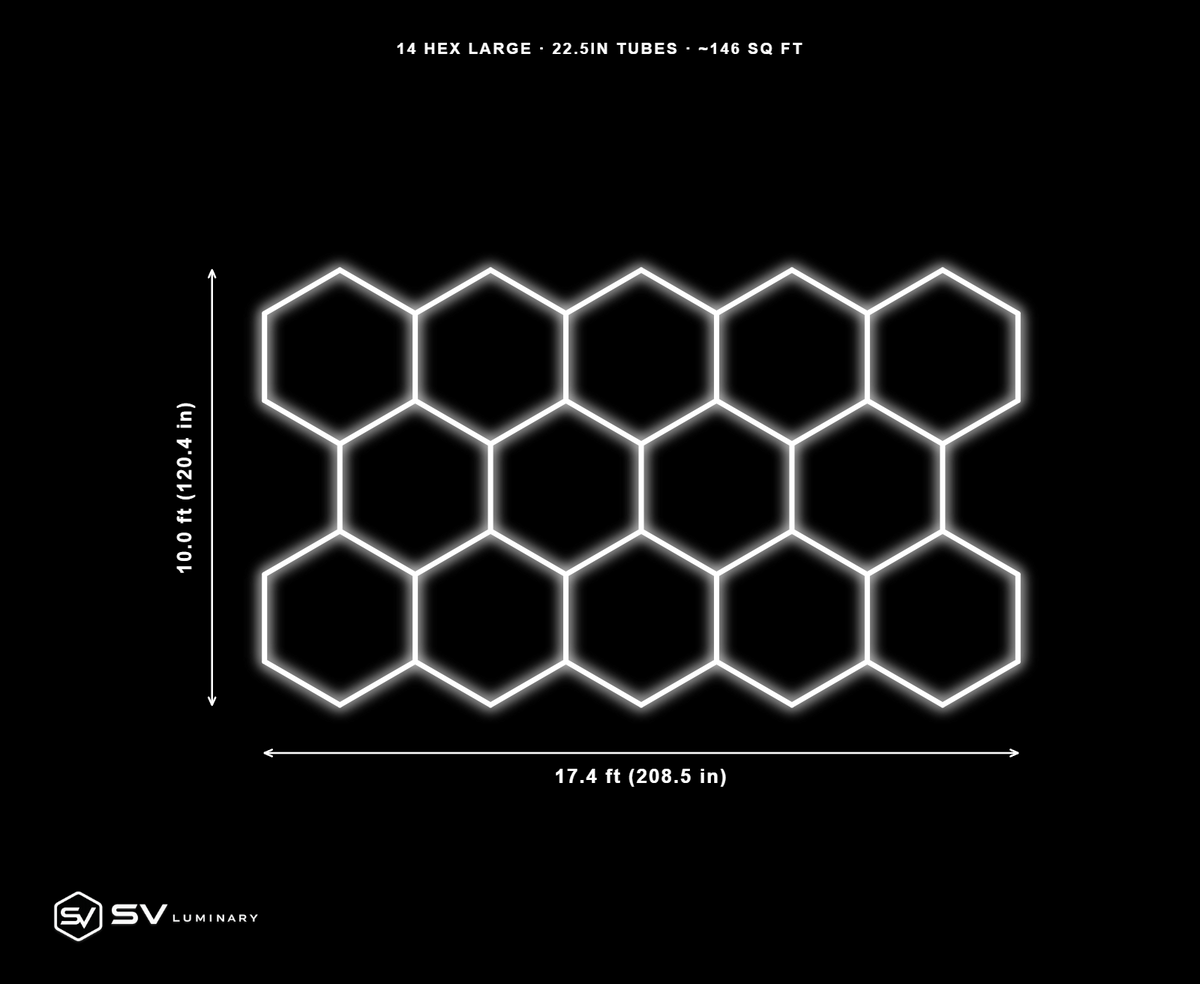 14 Panel Large hexagon LED kit, 22.5 in tubes, 17.4 ft by 10.0 ft, 57 tubes