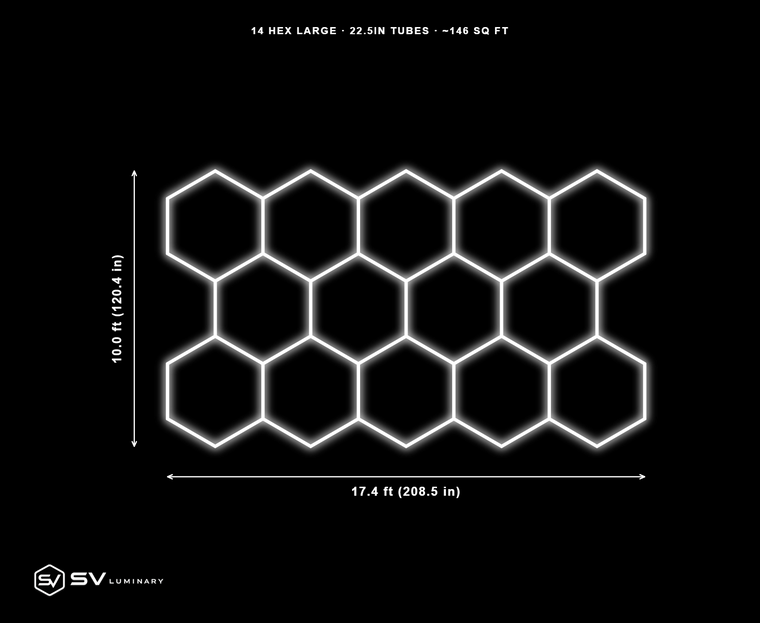 14 Panel Large hexagon LED kit, 22.5 in tubes, 17.4 ft by 10.0 ft, 57 tubes