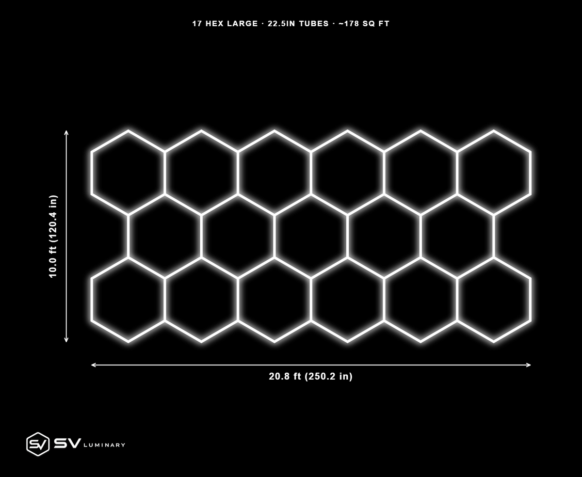 17 Panel Large hexagon LED kit, 22.5 in tubes, 20.8 ft by 10.0 ft, 68 tubes