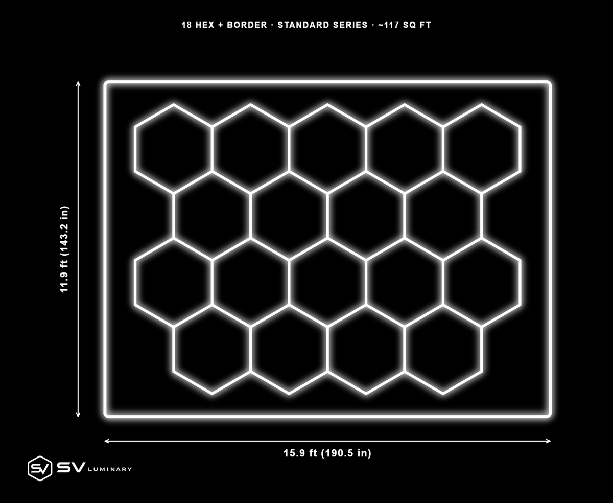 18 Panel hexagon LED kit with border, dimmable, 15.9 ft by 11.9 ft, 70 hex tubes and 14 border rails