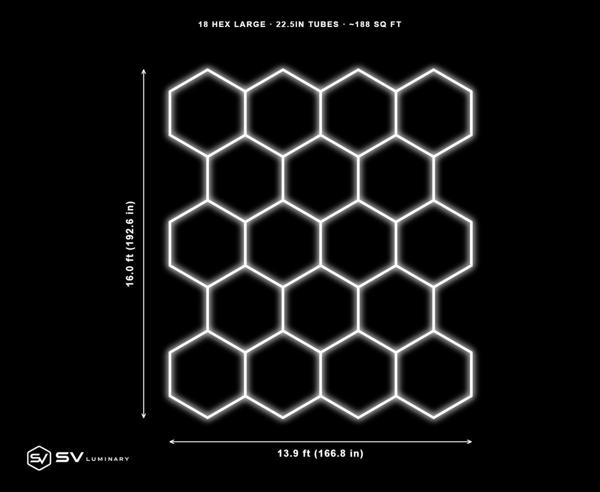 18 Panel Large hexagon LED kit, 22.5 in tubes, 13.9 ft by 16.0 ft, 71 tubes