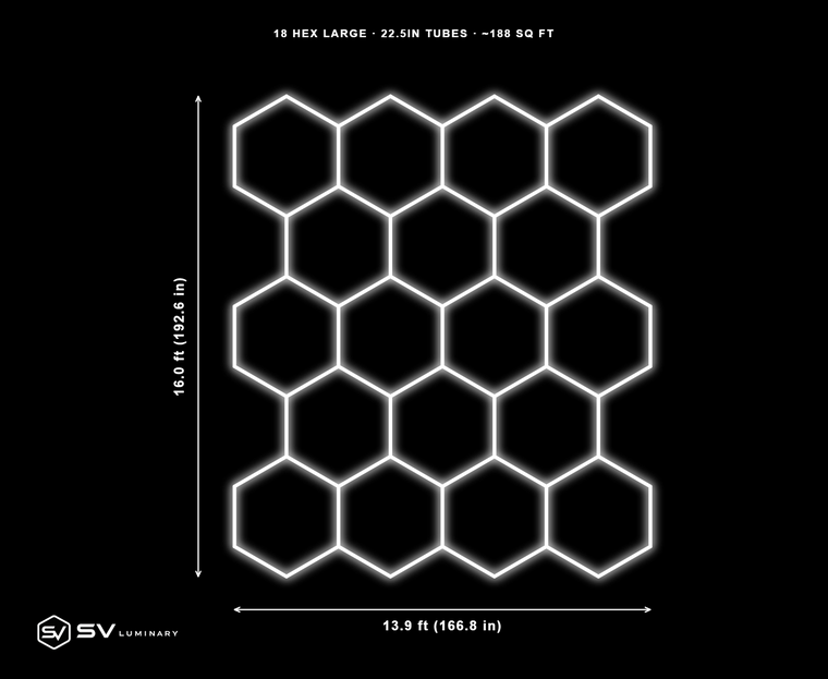 18 Panel Large hexagon LED kit, 22.5 in tubes, 13.9 ft by 16.0 ft, 71 tubes