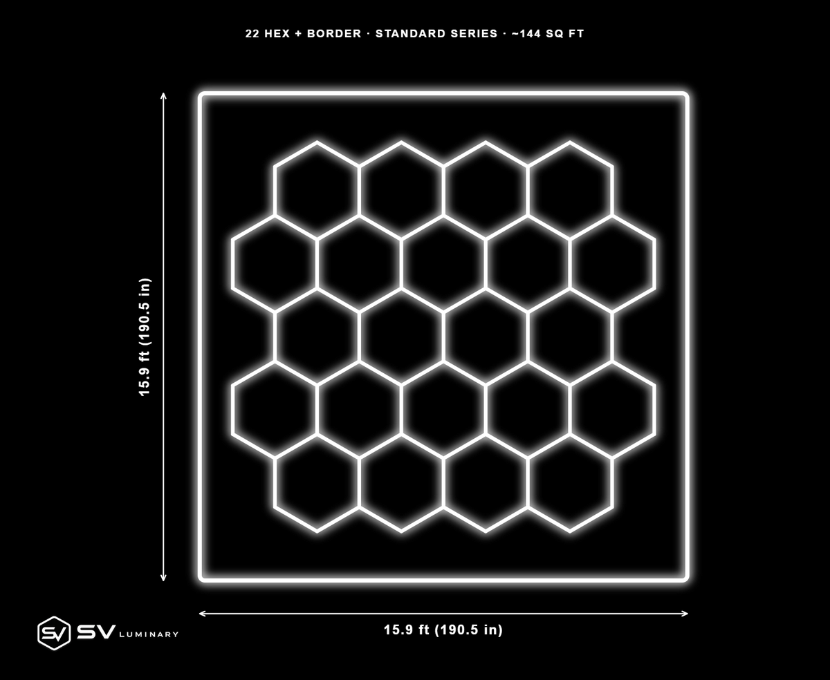 22 Panel hexagon LED kit with border, 15.9 ft by 15.9 ft, 83 hex tubes and 16 border rails