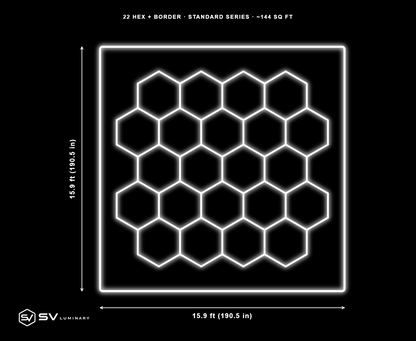 22 Panel hexagon LED kit with border, 15.9 ft by 15.9 ft, 83 hex tubes and 16 border rails