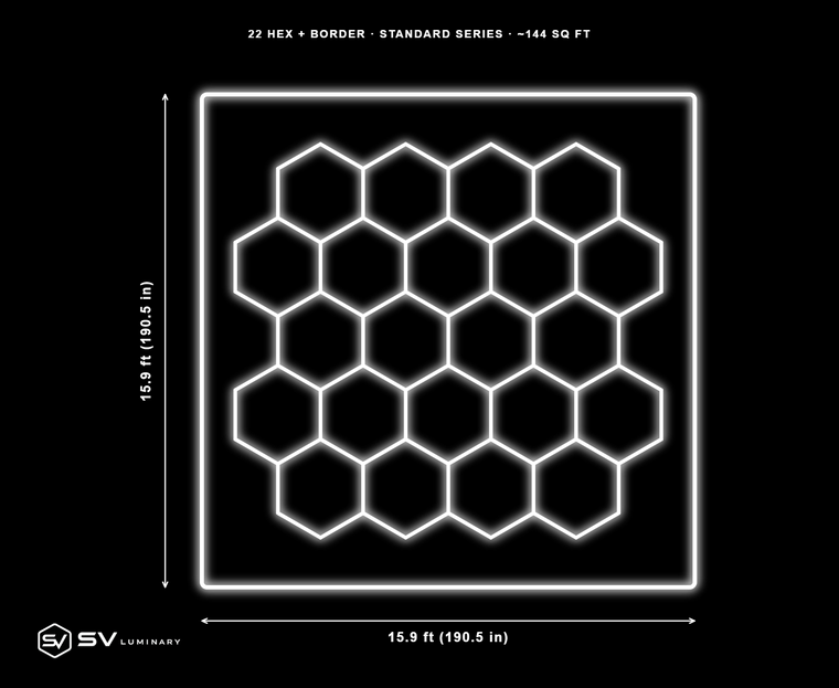 22 Panel hexagon LED kit with border, dimmable, 15.9 ft by 15.9 ft, 83 hex tubes and 16 border rails
