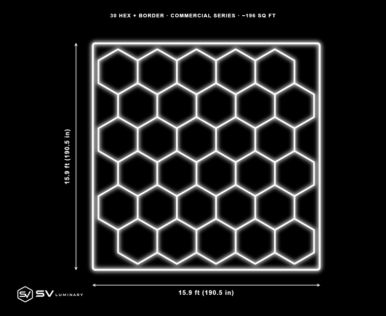 30 Panel Commercial hexagon LED kit with border, 15.9 ft by 15.9 ft, 111 hex tubes and 16 border rails