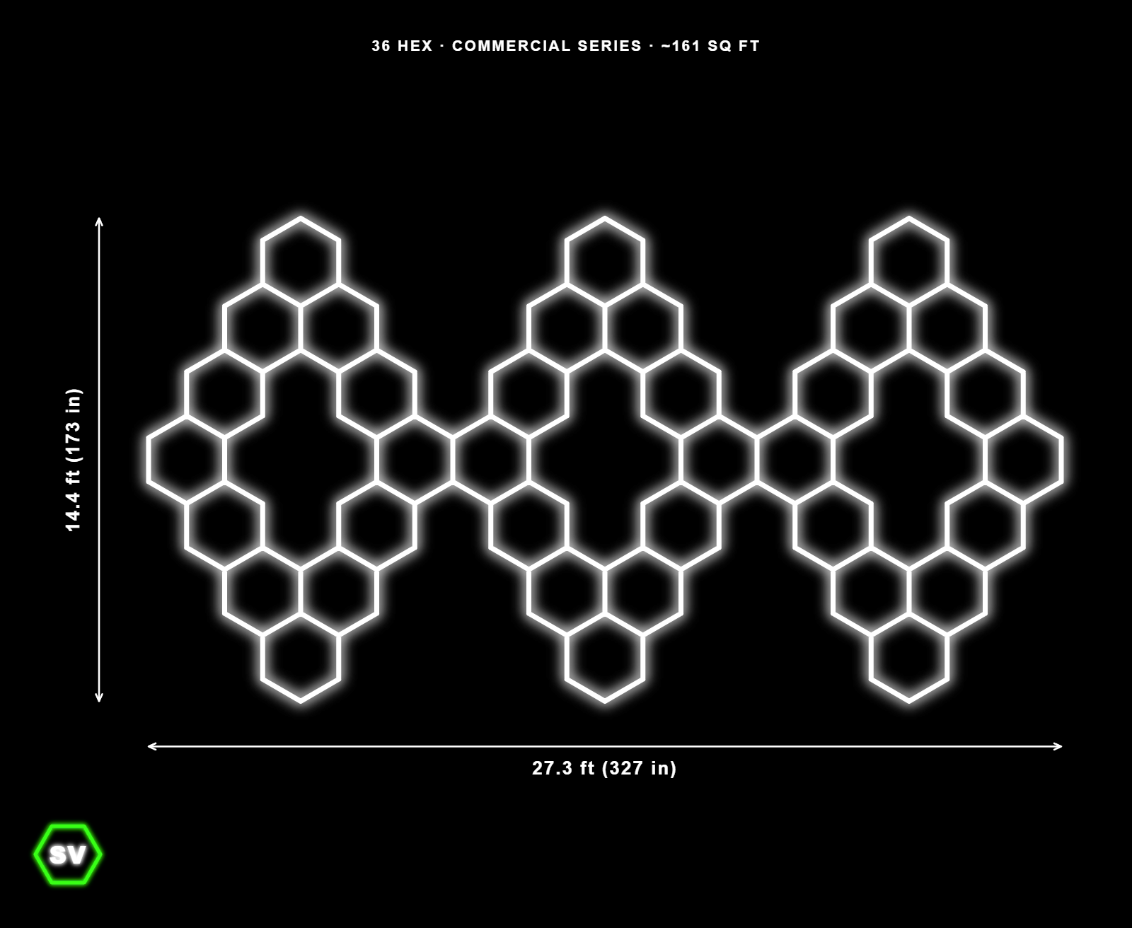 36-panel Triple Diamond hexagon LED ceiling layout, 27.3 ft by 14.4 ft, white glow on black