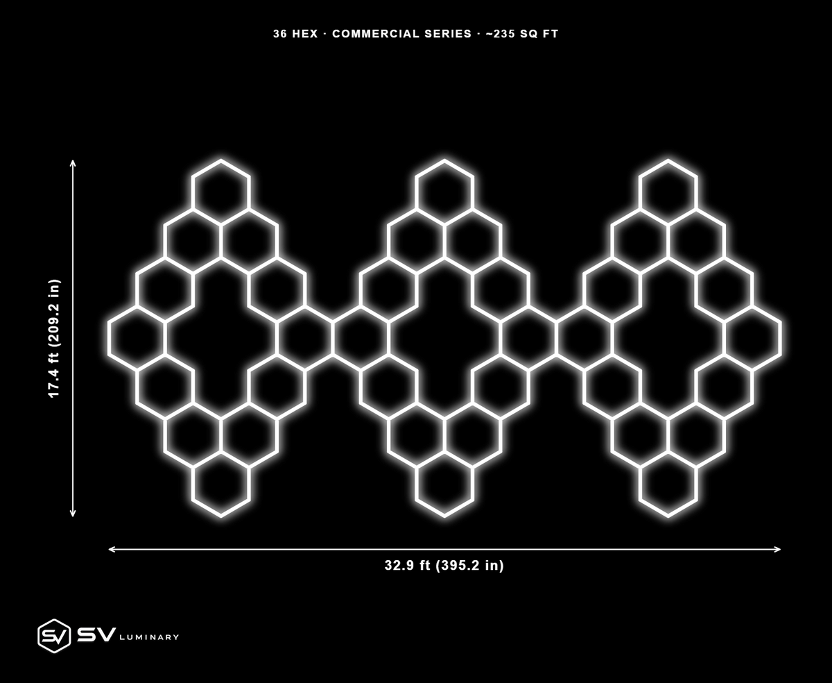36 Panel Triple Diamond Commercial hexagon LED kit, 32.9 ft by 17.4 ft, 172 hex tubes