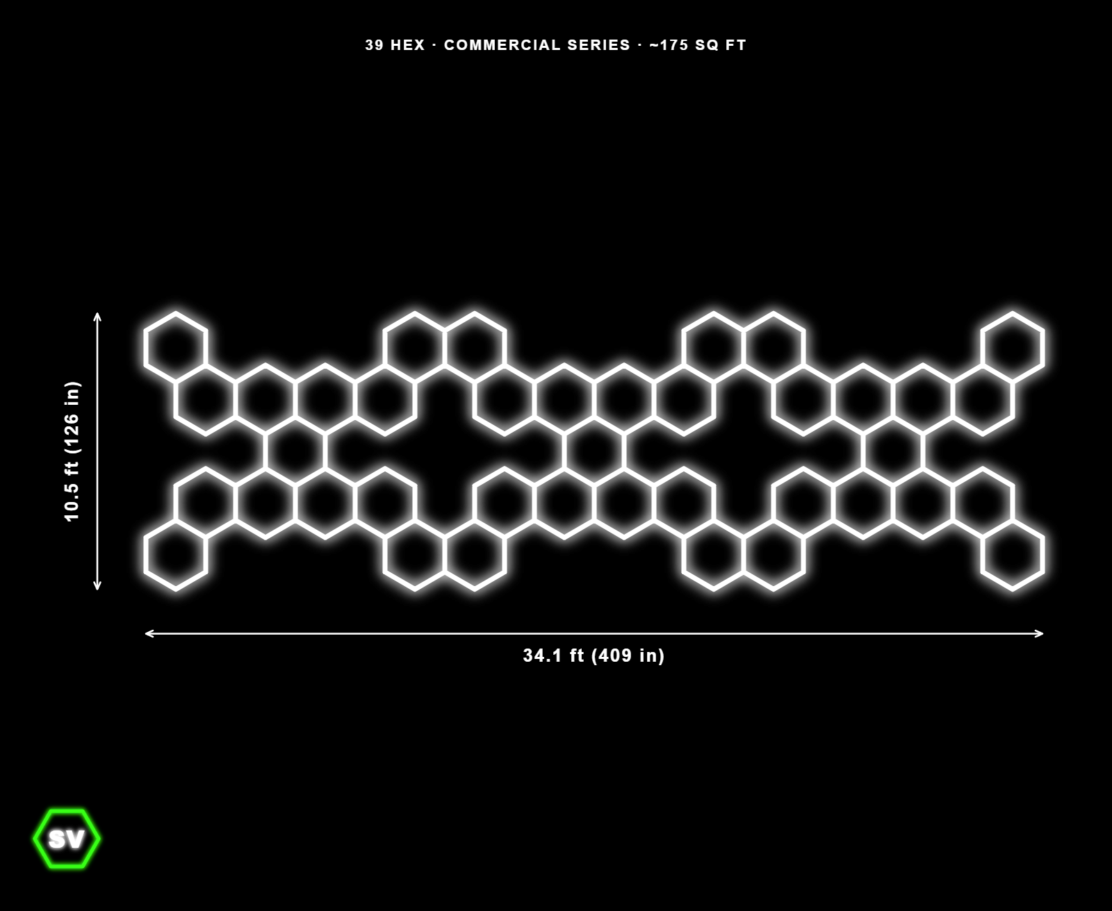 39-panel Triple X hexagon LED ceiling layout, 34.1 ft by 10.5 ft, white glow on black
