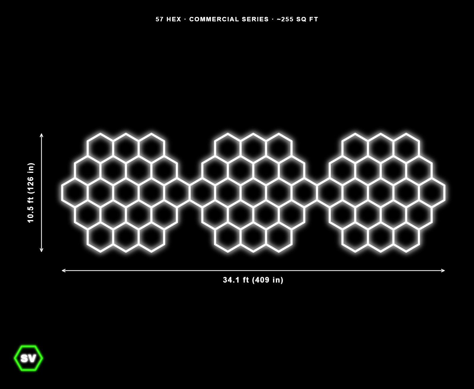 57-panel Triple Circle hexagon LED ceiling layout, 34.1 ft by 10.5 ft, white glow on black