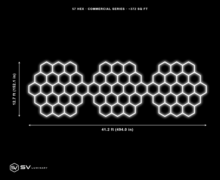 57 Panel Triple Circle Commercial hexagon LED kit, 41.2 ft by 12.7 ft, 214 hex tubes